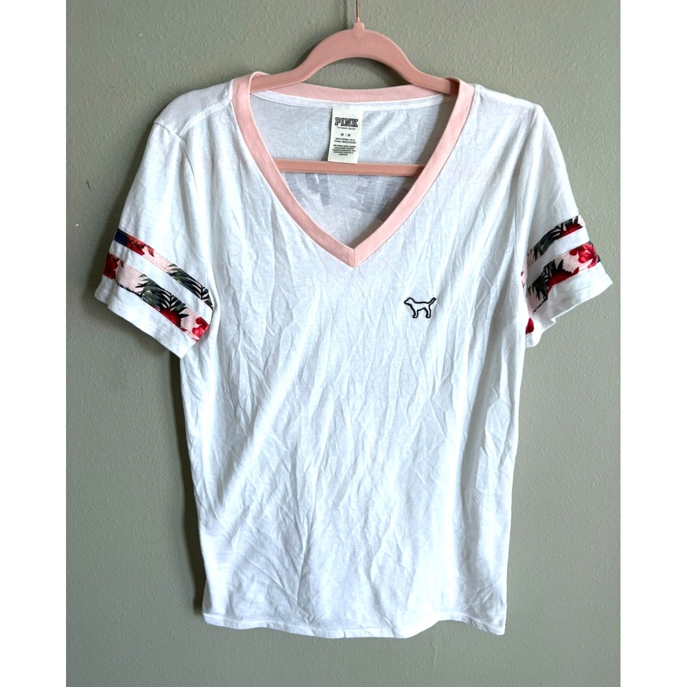 Victoria's Secret PINK White V-Neck T-Shirt Floral Dog Graphic Logo Medium